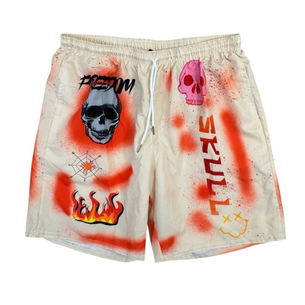 Romwe Mens XL Graphic Shorts Cream Orange Skull Flame Streetwear Elastic Waist